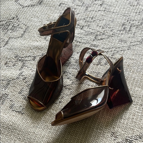 Marc Jacobs Shoes - Marc Jacobs Metallic Bronze and Brown PVC Peep-Toe Block Heel / Wedge Sandals